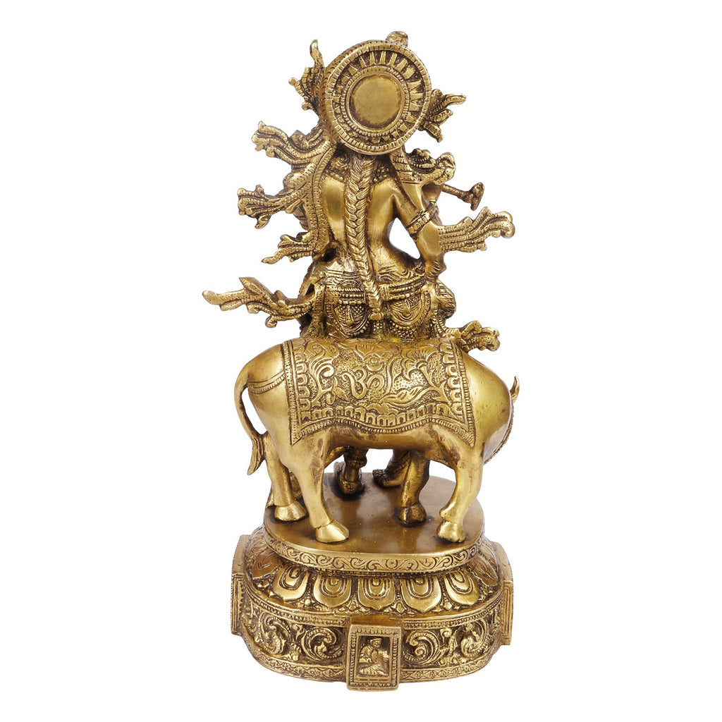 SVARUP Brass Shri Krishna Idol with Cow Kishan Bhagwan Murti Lord Krishna Cow Statue with Flute Big Size Height 12 Inch Weight 4.8 Kg Color Gold