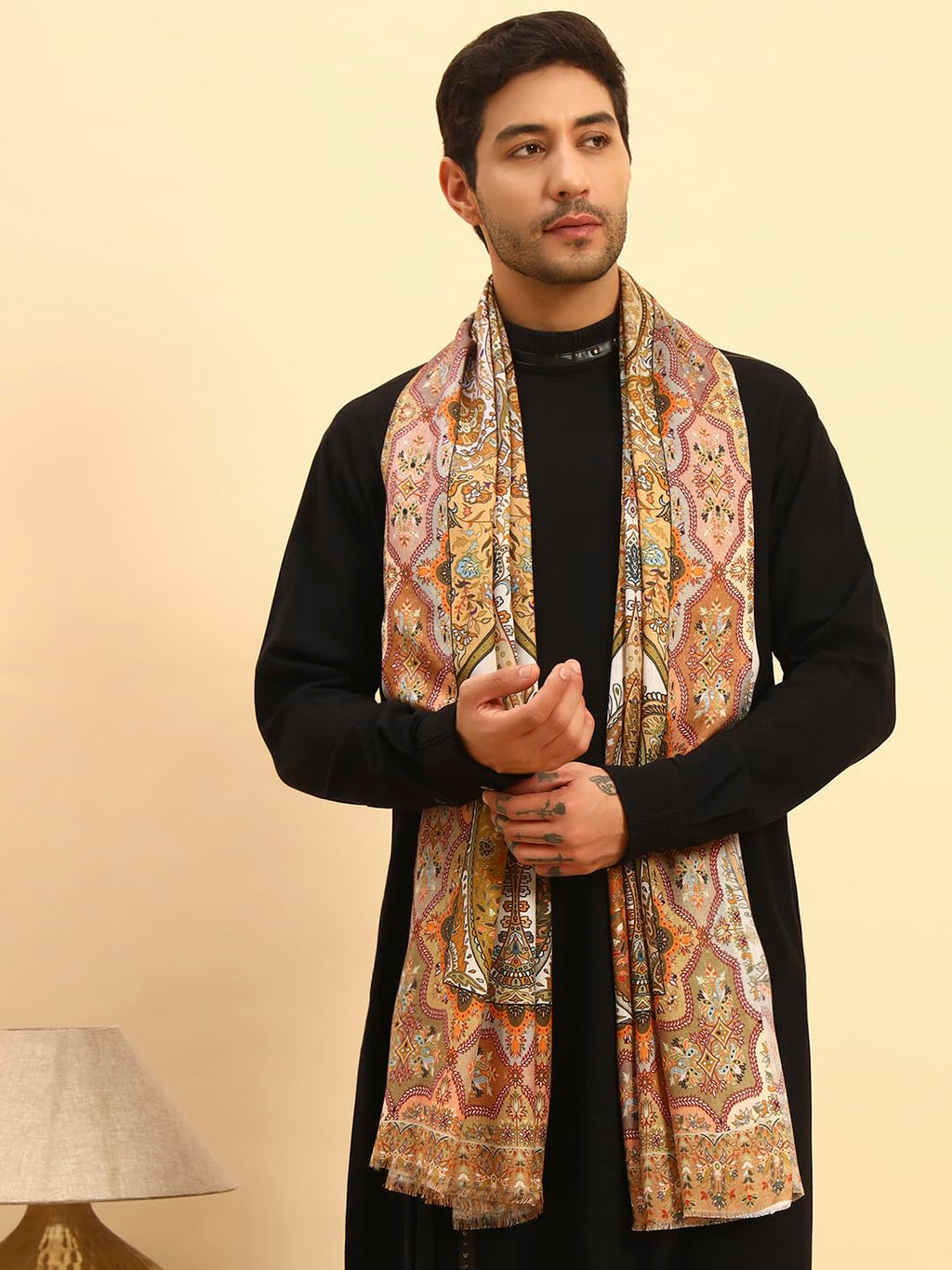 Pashmoda Men Royal Embers Fine Soft Bamboo Fibre Stole, Multicoloured Design, Evening Wrap, Luxury Pashmina Style Scarf, Wrap, Sustainable and Natural Fabric (Size 28x80, Mustard colour) MISST33