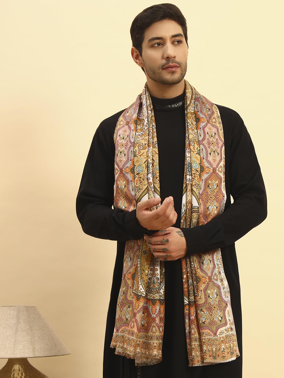 Pashmoda Men Royal Embers Fine Soft Bamboo Fibre Stole, Multicoloured Design, Evening Wrap, Luxury Pashmina Style Scarf, Wrap, Sustainable and Natural Fabric (Size 28x80, Mustard colour) MISST33