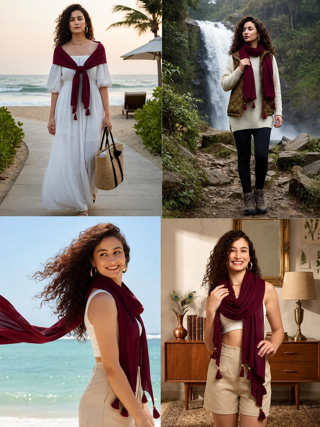 KEVALKUMAR Cotton Scarf|Scarf for Women|Cotton Stole|Soft Beach Wrap|Tassel Design|Easily fits 180 * 50cm | Full Face Cover, Head, Hair Face Protection, Sun Protection, Export quality (Maroon Scarf)