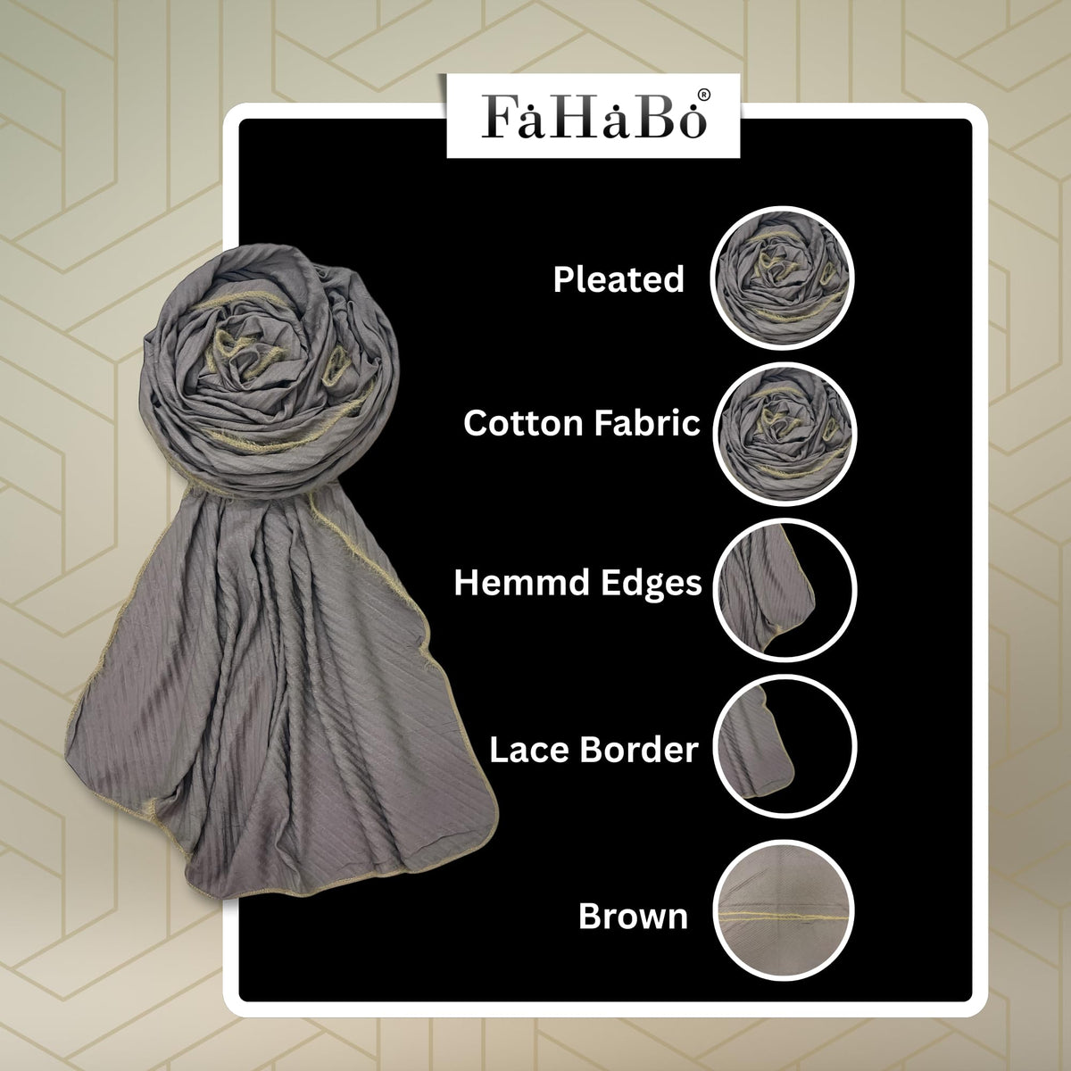 FAHABO Scarf Woman Pleated Viscose Cotton Scarf with Lace Border | Hijab Scarf | Headscarf | Neck Scarf | Stoles | Wraps (2- Brown)