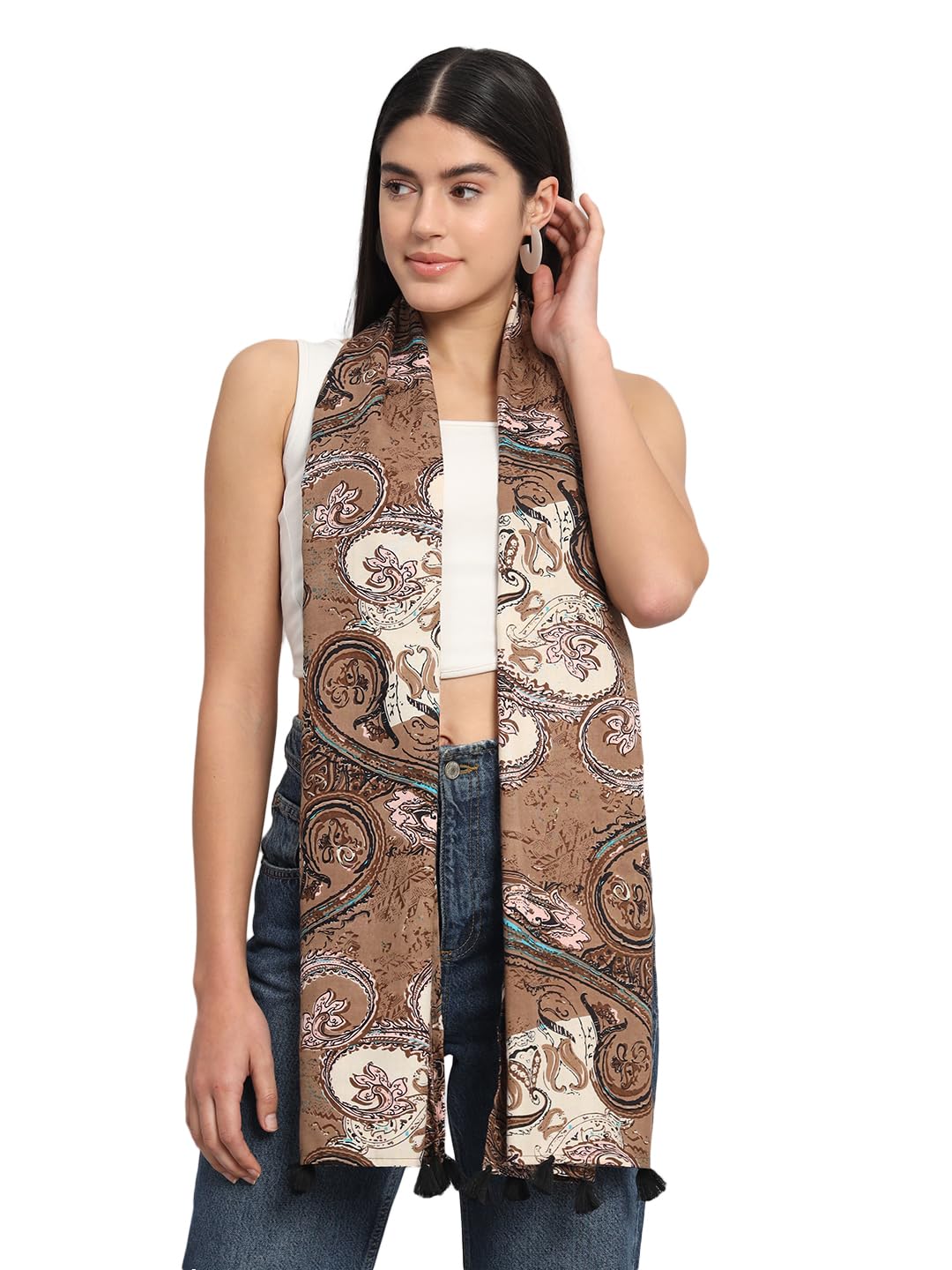 Ravaiyaa - Attitude is everything Women Brown & Cream Hand Block Floral Printed Cotton Tasseled Scarf 71 X 21 Inch