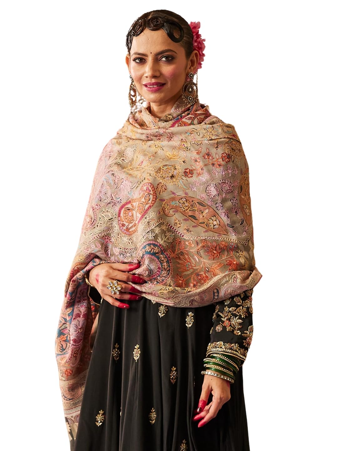 Pashmoda Women Naaz Fine Wool Fabric Pashmina Kalamkari Embroidered Shawl, Stole and Wrap, Sustainable and Natural Fabric, Heritage Kashmiri Pashmina(Size 40x80)