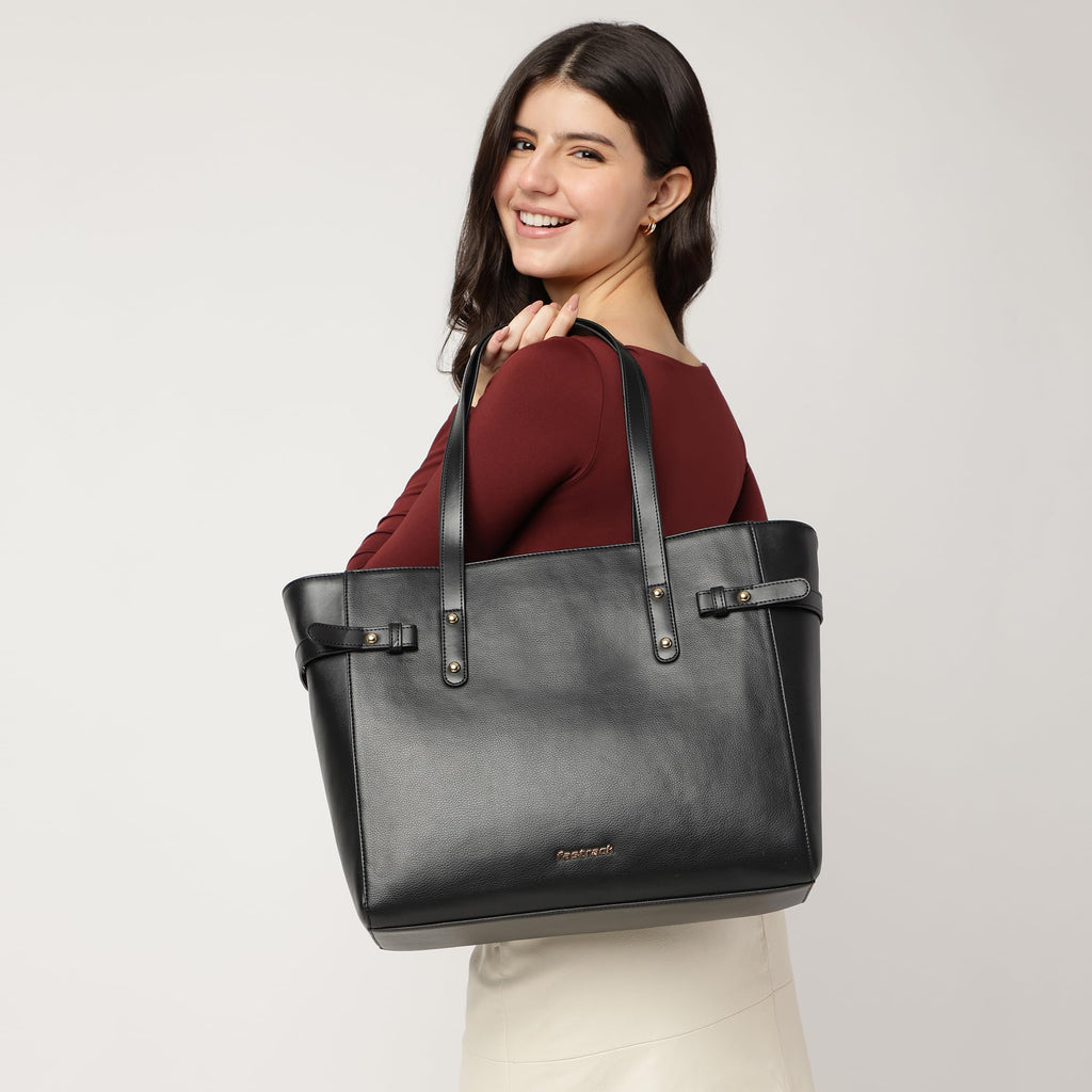 Fastrack Black Powermode Laptop Tote For Women | Black Faux Leather Bag | Fits Upto 15 Laptop | Ladies Tote Bag with Zipper Closure & Utility Pockets