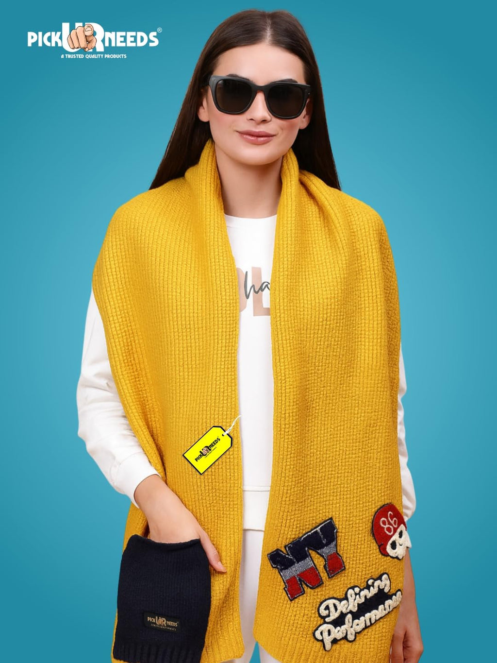 Pick Ur Needs Women Winter Woolen Muffler with Trendy Patch Design Soft Warm Knitted Scarf for Girls & Ladies Stylish Casual Mufflers (Yellow)