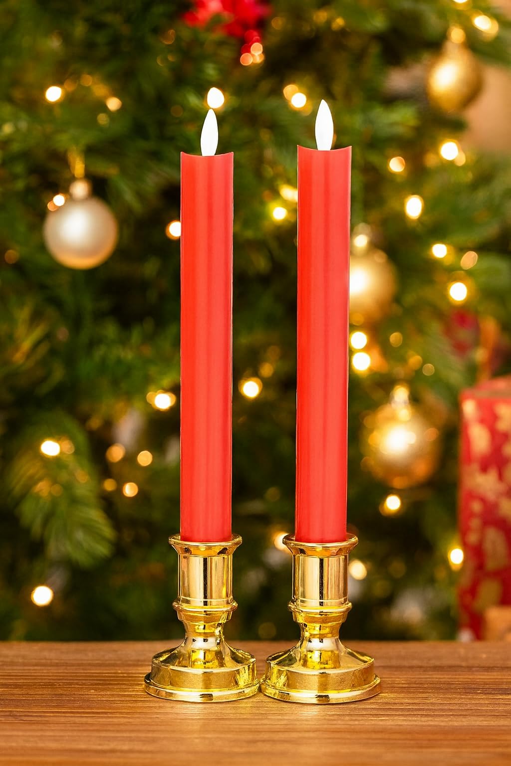 Tia Crafts LED Tapper Candles with Golden Holders, Realistic Warm Glow, Christmas and Wedding Decoration, Set of 4 (2 Red)
