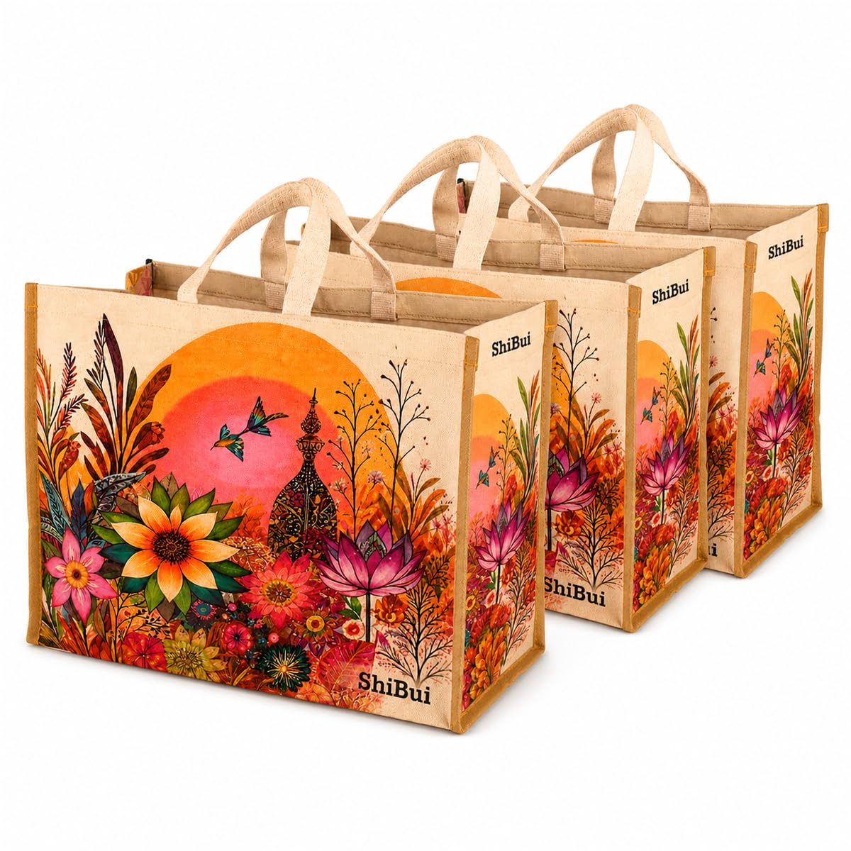 SHIBUI Big Heavy Duty Large Eco Waterproof Cotton Canvas Cloth Grocery Shopping Bag for Men Ladies Vegetable Milk Fruits with Hand Carry Handle Lunch Box Jhola Tote Bags (1, Flower Print)