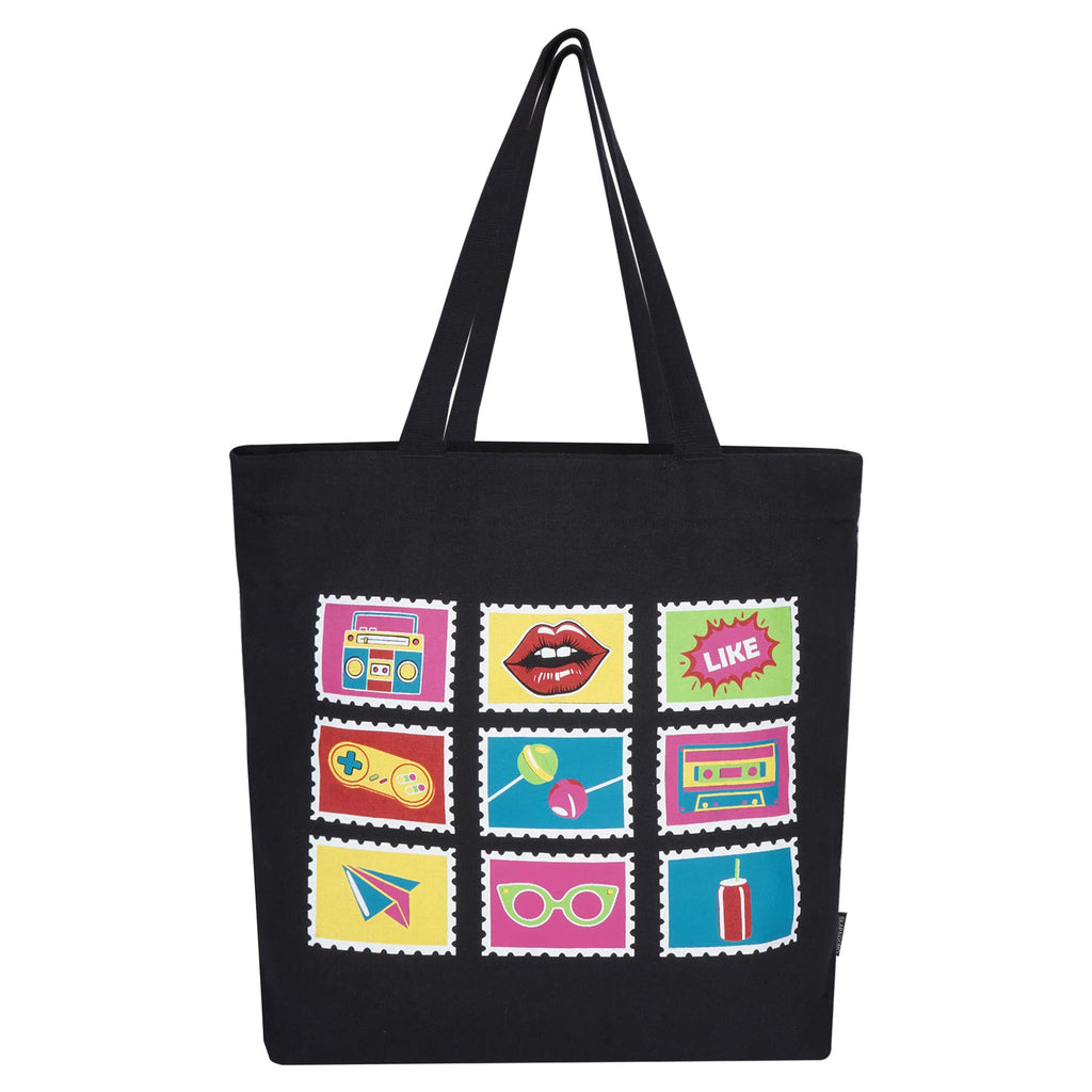 SKAPADORO Canvas Big Zip Printed Handbag Tote,100% Cotton, Inner pocket, Ecofriendly Bag for Women, Travel College Beach Shopping, Easy to Wash Everyday Shoulder Bag (Retro Pop)