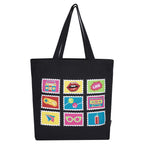 SKAPADORO Canvas Big Zip Printed Handbag Tote,100% Cotton, Inner pocket, Ecofriendly Bag for Women, Travel College Beach Shopping, Easy to Wash Everyday Shoulder Bag (Retro Pop)