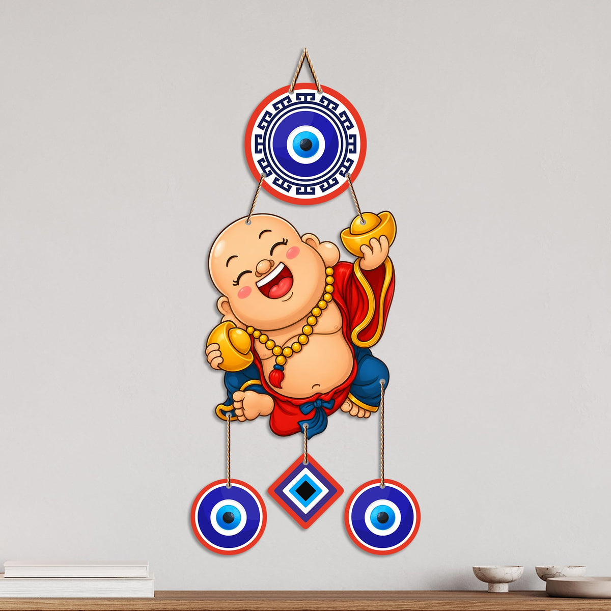 Artvibes Happy Buddha with Gold Ingot Evil Eye Wall Hanging | Wealth Attraction Prosperity Decor | Lucky Nazar Battu Ornament for Home Entrance | Living Room | Office | Gift Item (WH_85144N)
