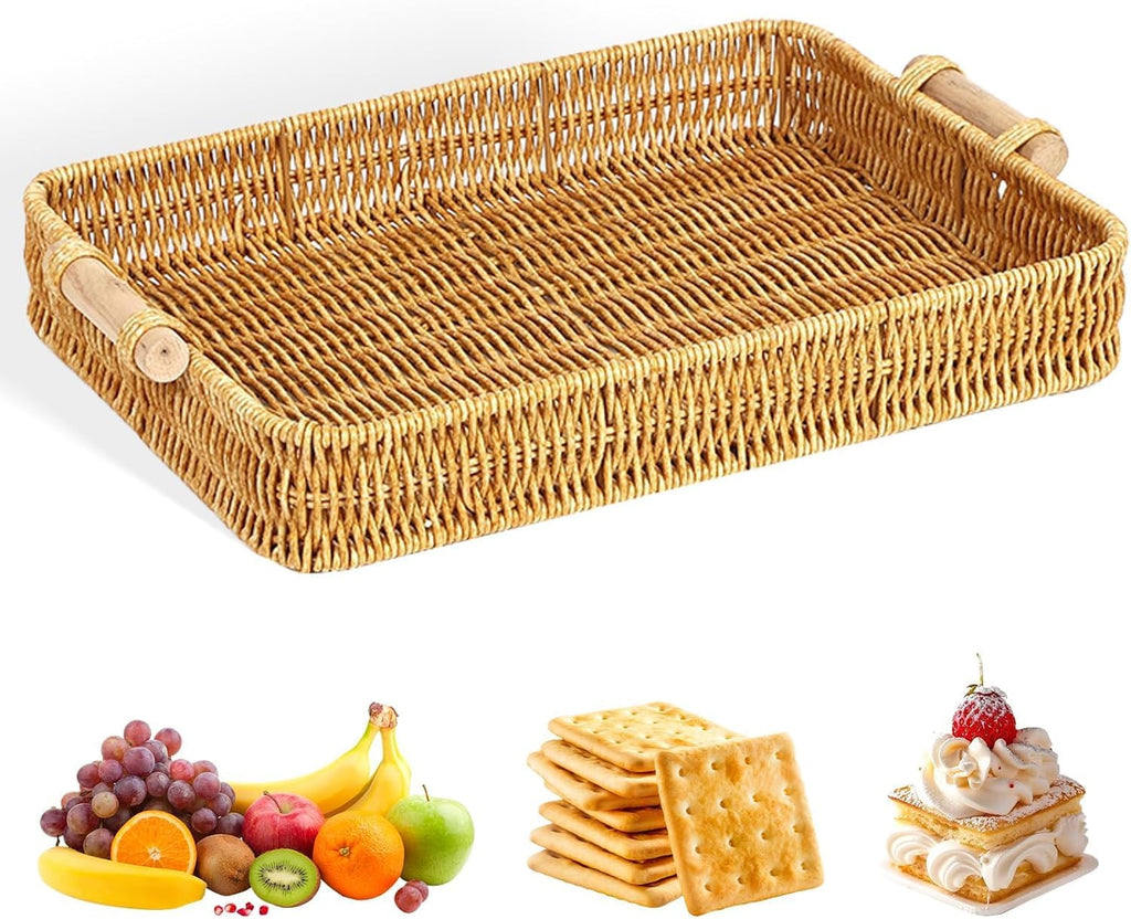 NDOLA Decorative Wicker Serving Tray with Wooden Handles | Large Rectangle Rattan Tray for Ottoman, Coffee Table, Kitchen, Dining, Home Decor, Fruit Basket & Breakfast Serving
