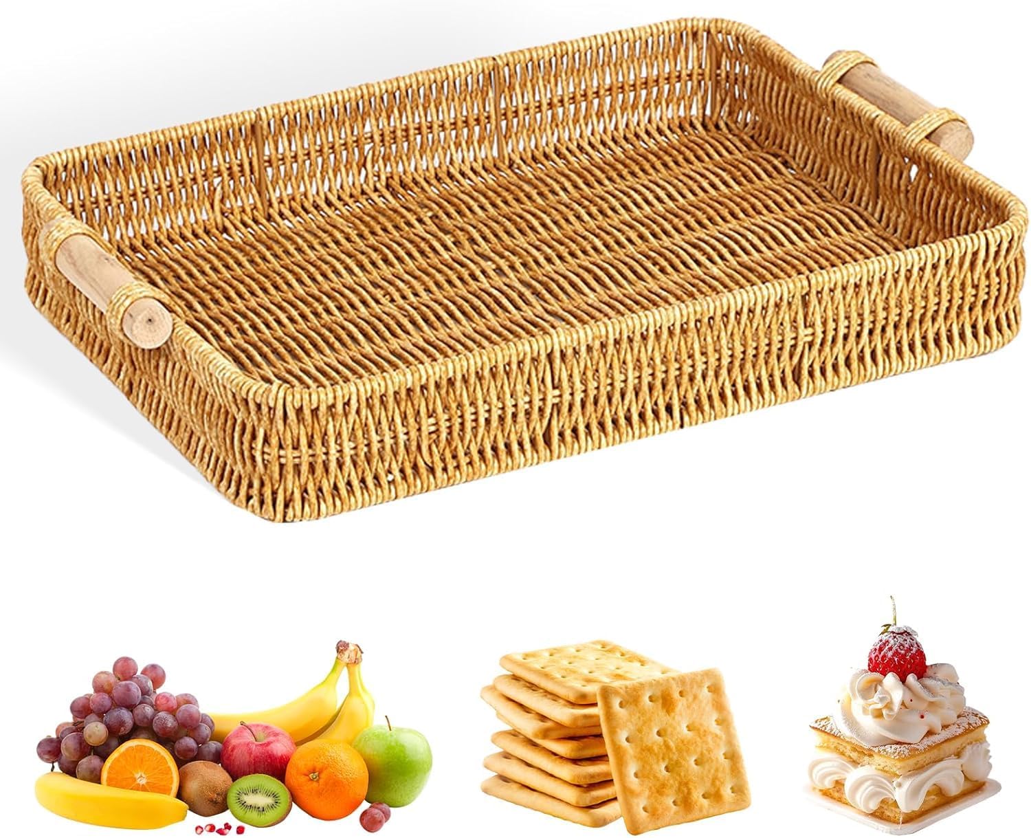 NDOLA Decorative Wicker Serving Tray with Wooden Handles | Large Rectangle Rattan Tray for Ottoman, Coffee Table, Kitchen, Dining, Home Decor, Fruit Basket & Breakfast Serving