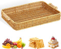NDOLA Decorative Handwoven Rattan Tray with Wooden Handles | Luxury Wicker Serving Tray for Ottoman, Coffee Table, Kitchen, Bathroom & Home Decor