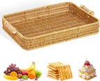 NDOLA Decorative Handwoven Rattan Tray with Wooden Handles | Luxury Wicker Serving Tray for Ottoman, Coffee Table, Kitchen, Bathroom & Home Decor