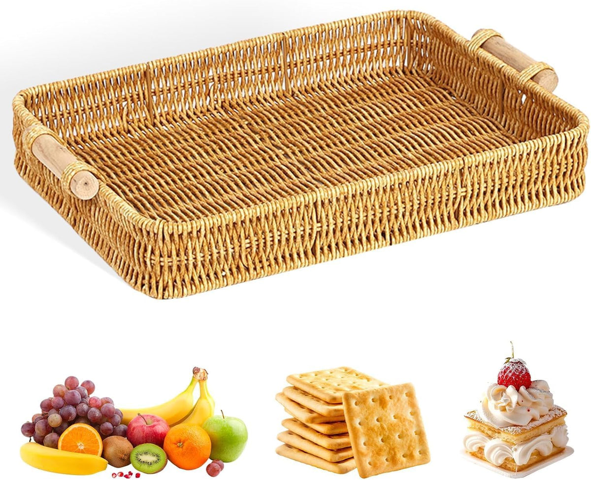 NDOLA Decorative Handwoven Rattan Tray with Wooden Handles | Luxury Wicker Serving Tray for Ottoman, Coffee Table, Kitchen, Bathroom & Home Decor