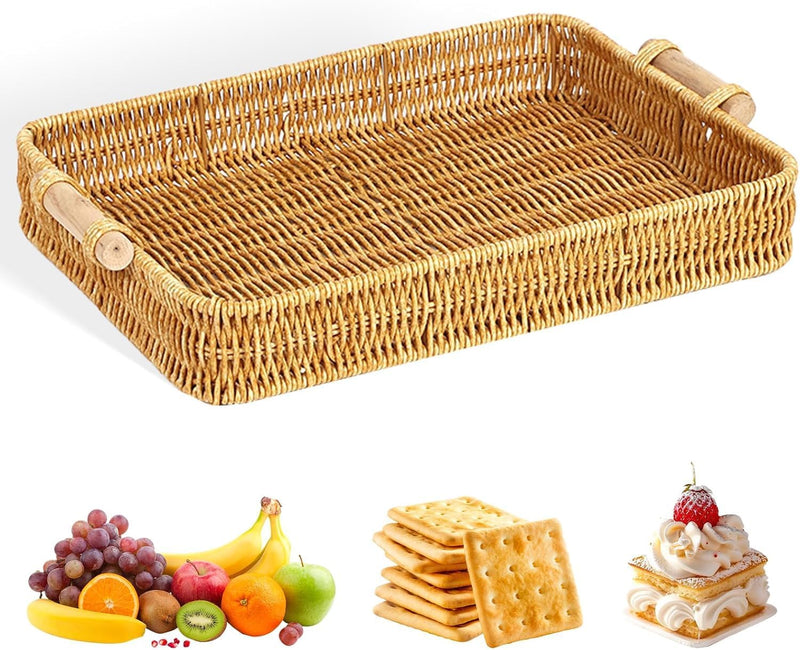 NDOLA Decorative Handwoven Rattan Tray with Wooden Handles | Luxury Wicker Serving Tray for Ottoman, Coffee Table, Kitchen, Bathroom & Home Decor