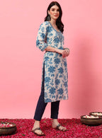 MAHUKAA Blue Floral V-Neck Straight Kurta with Screen Print