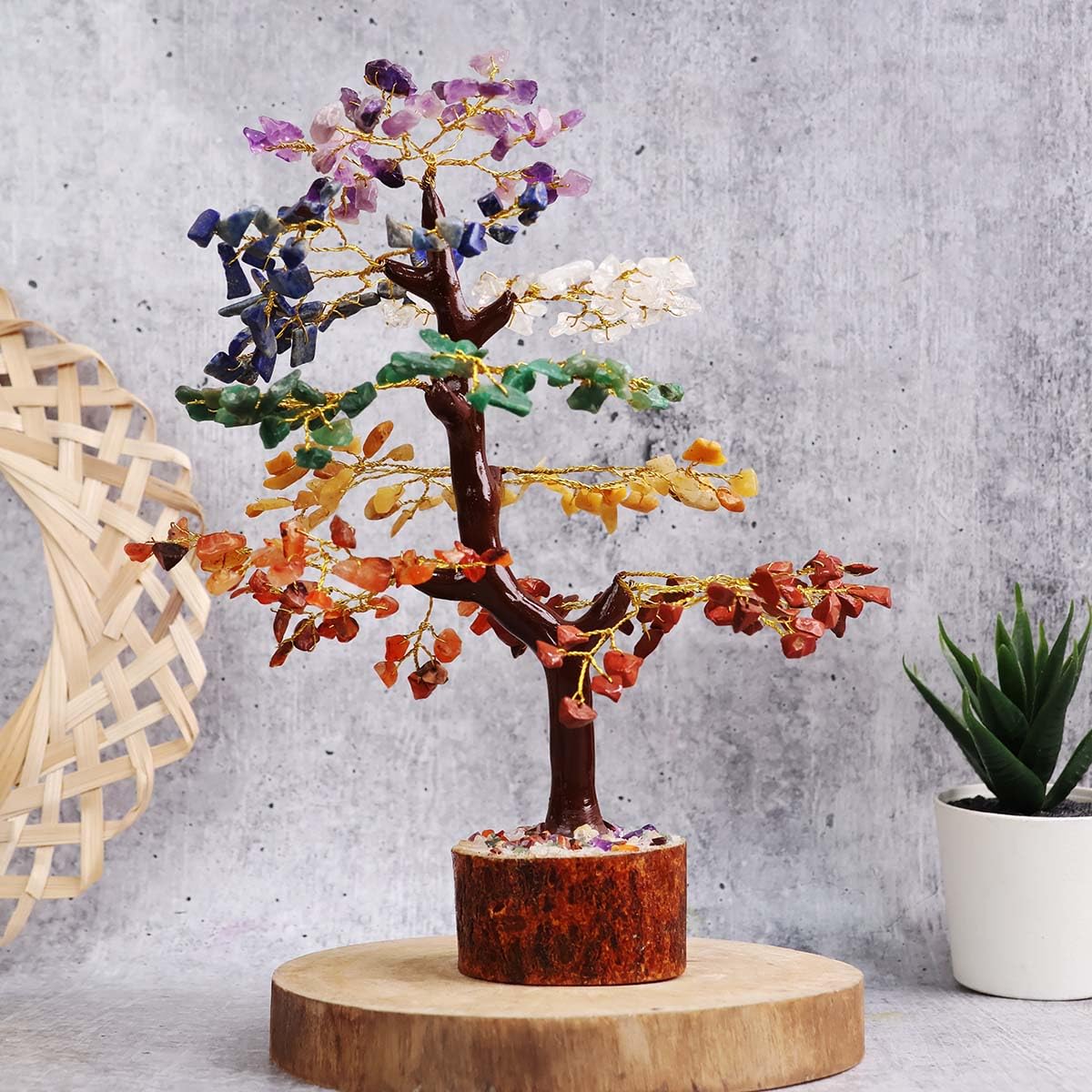 Shubhanjali 7 Chakra Tree M-Seal 300 Beads for Home Decor | Crystal Tree for Positivity Goodluck | Gemstones | Feng Shui Stone Tree for Living Room, Office Desk & Hall Decor | Christmas Decor Gift