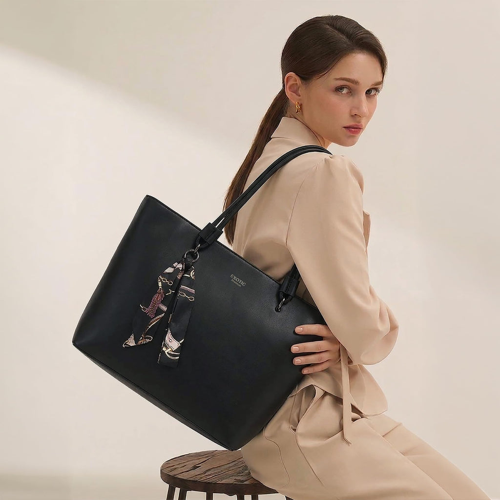 EXOTIC Celeste Structured Tote Bag with Laptop Compartment | Premium Minimal Design | Multi-Section Interior | Everyday Work & Travel Tote (Black)