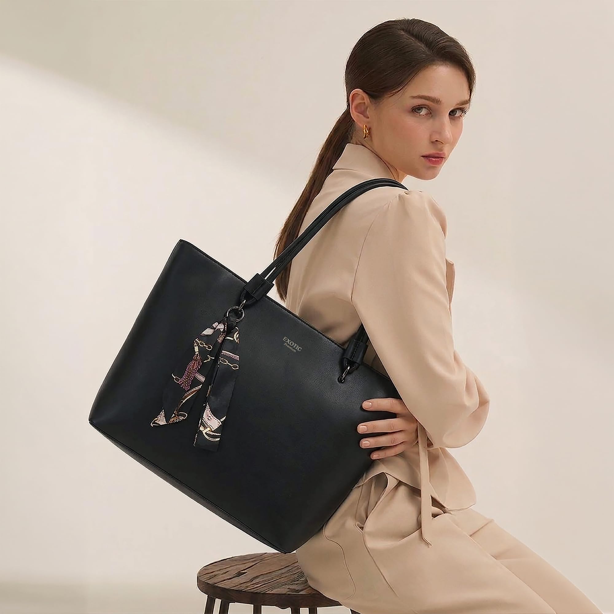 EXOTIC Celeste Structured Tote Bag with Laptop Compartment | Premium Minimal Design | Multi-Section Interior | Everyday Work & Travel Tote (Black)
