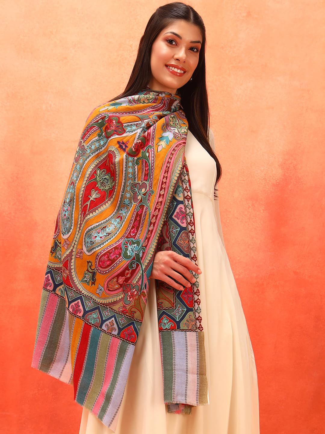 Pashmoda Women Rangdil 100% Pure Wool Fabric Kalamkari Embroidered Stole, Shawl and Wrap, Sustainable and Natural Fabric, Heritage Kashmiri Pashmina (Size 28x80 Inches) Mustard Colour