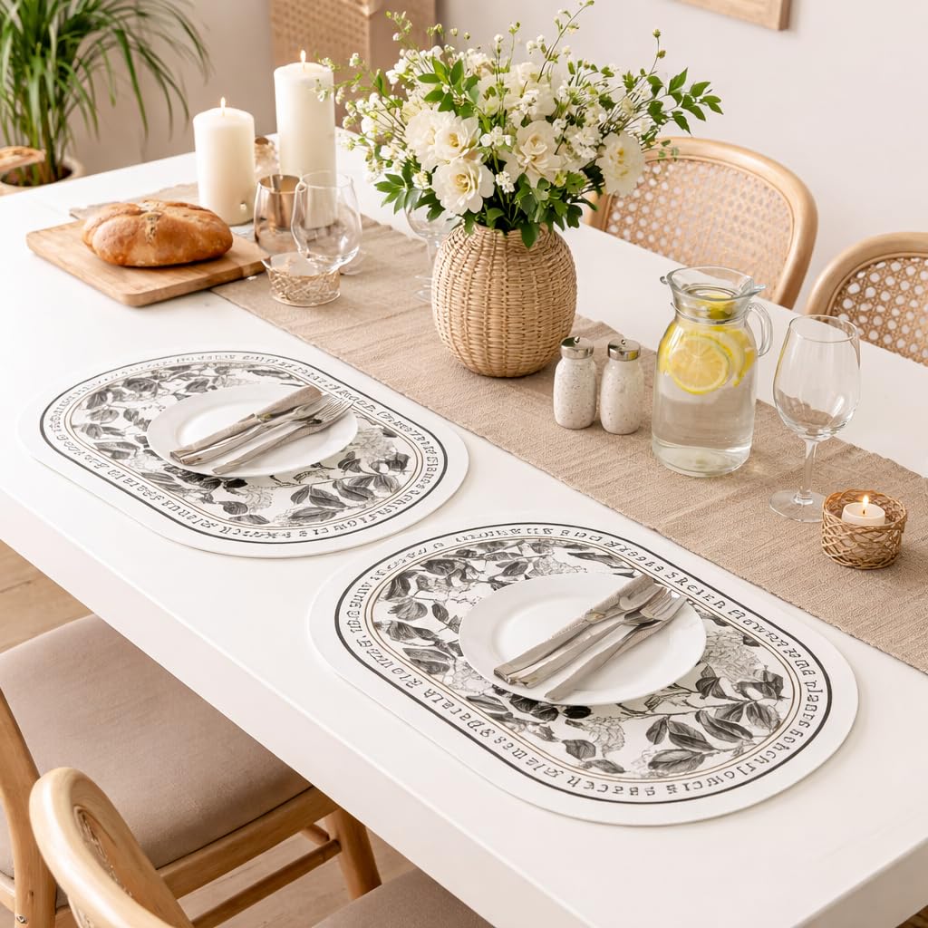 TheTableTales Placemats Pack of 2, Premium Waterproof Heat Resistant Dining Table Mats | Washable PU Leather Mats for Dinner | Non Slip Pad for Home Kitchen Restaurant (Classic Camellia) Kafalo