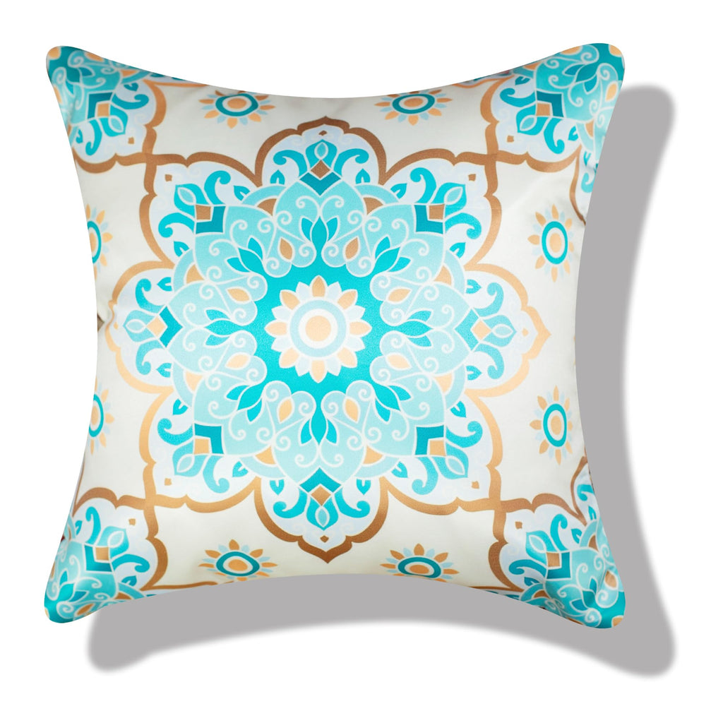 Vendola Decorative Satin Sofa Cushion Covers Set of 5, 20 Inch x 20 inch, Sofa Pillow Cover, Ethnic Festive, White and Blue, Mandala Design, Zipper Closure (Mandna, 20X20 Inches)