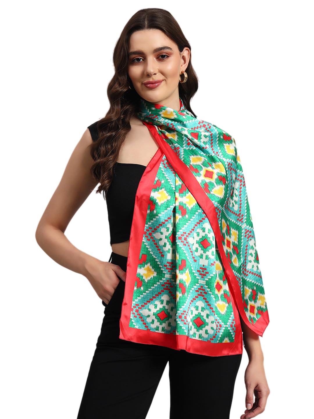 Ravaiyaa - Attitude is everything Women Lightweight Printed 100% Satin Silk Scarf Stoles Breathable Neckerchief Head Beach Wrap Scarves (Red Green Abstract, 70 x 20 Inch)