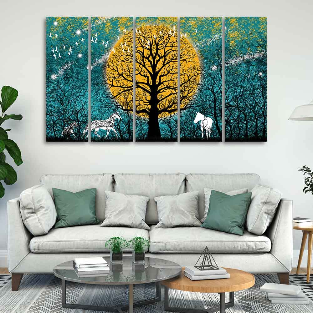 VIBECRAFTS Beautiful White Horses in Forest Premium Wall Painting of Five Pieces For Home|Office|Living Room|Gift (PTVC5Pcs4_8704)