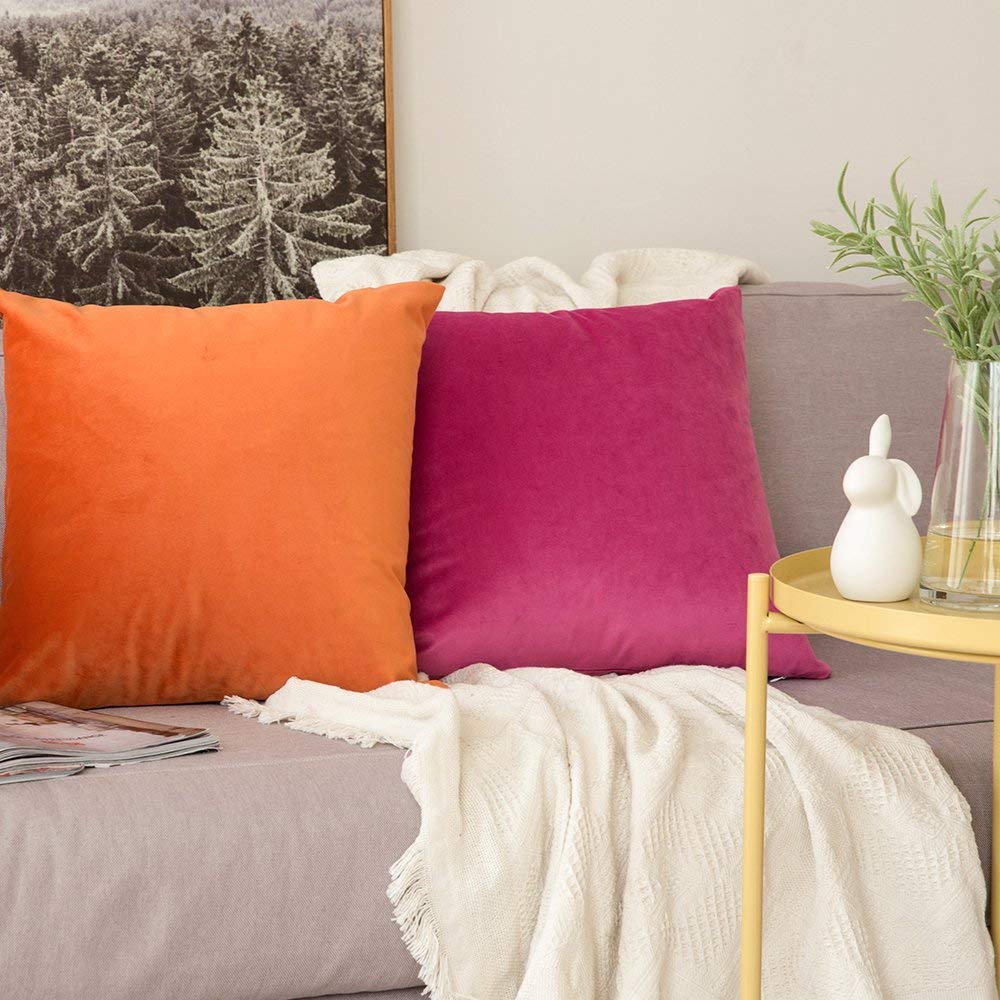 Khooti Velvet Cushion Cover, 14x14 (Orange)(Pack of 3)
