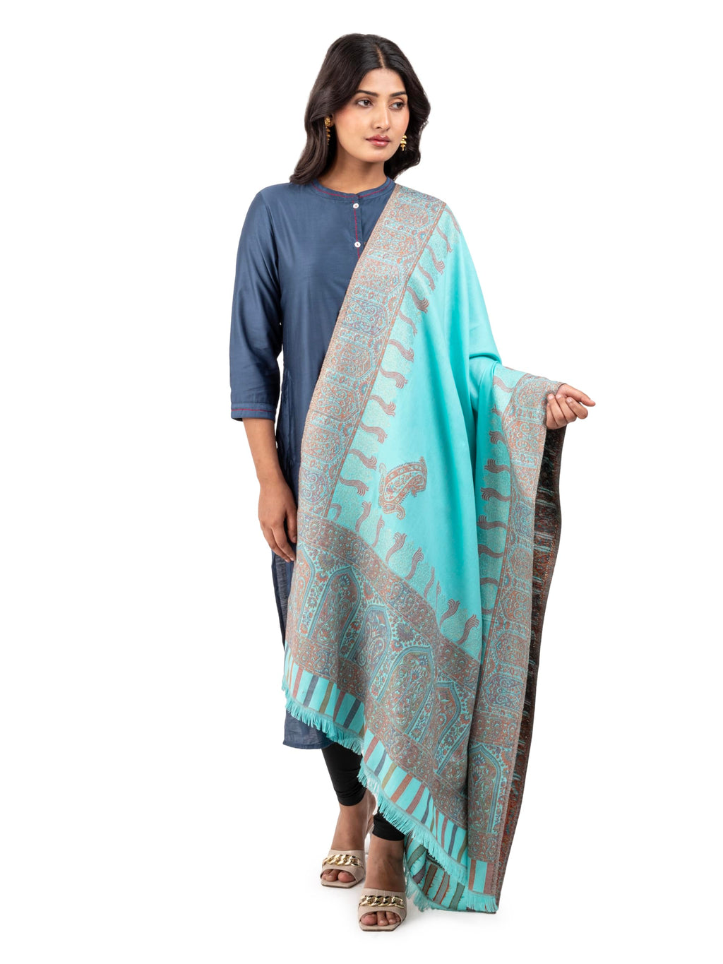 Naureen Women Faux Pashmina Kani Zari Shawl, Warm and Soft, 40x80 inch