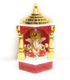 Decorative Lord Ganesha Temple Shrine with Gold-Coloured Pillars and Dome, Red and White, Marble Look