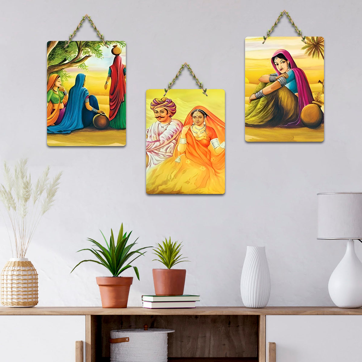 Artvibes Rural Rajasthan Artwork Decorative Wall Hanging Ornaments | Graphic Artwork | Door Decoration Items | Paintings For Wall | Wall Poster | Handcrafted Art | Unique Gift (WH_96141N), Set of 3
