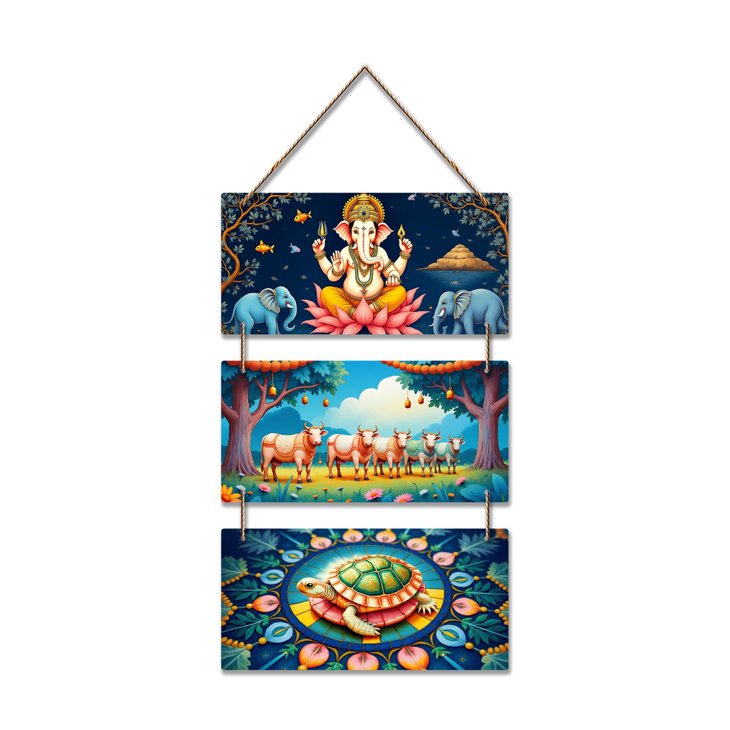 Artvibes Ganesha with Elephants & Turtle Mandala Art Auspicious Wooden Art Work Wall Hanging For Properity | Spiritual Decor Items | Wall Poster| Stylish Modern Decor Item | Gift Items (WH_9446N)