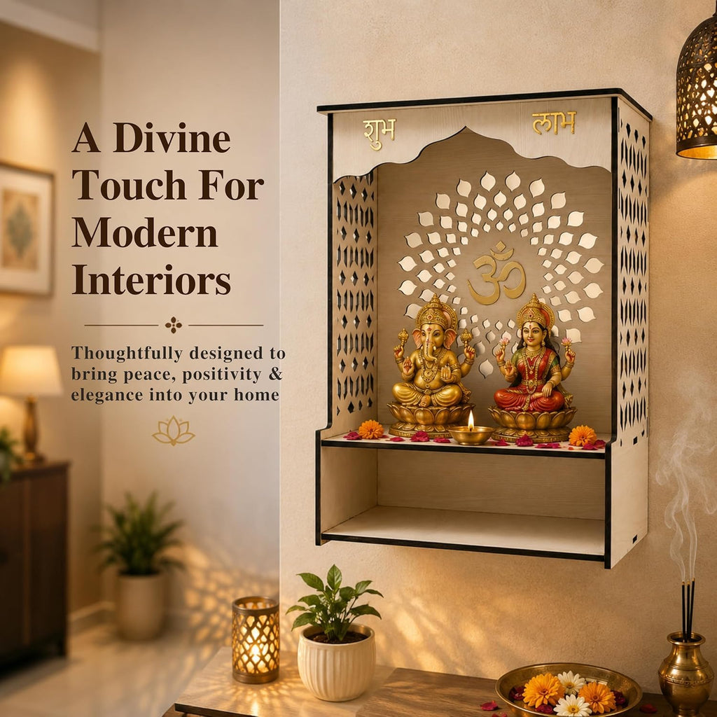 Venlay Wood Wooden Home Mandir with Jali Work - White Oak Finish Pooja Ghar Featuring Gold Om, Shubh & Labh Accents - Compact Wall Hanging & Desktop Altar with Storage Shelf for Home & Office (White)