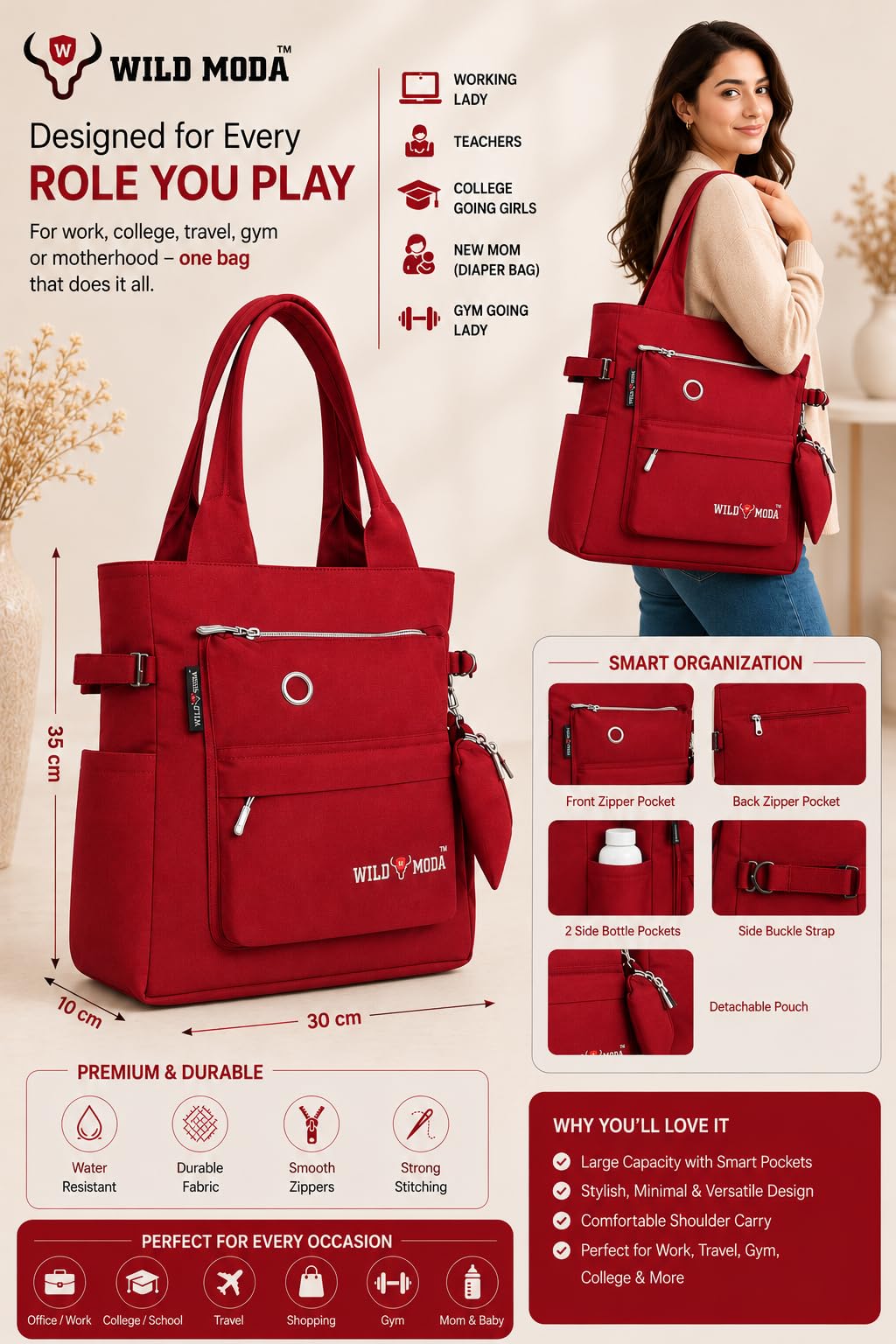 WILD MODA College and Office Tote Bag for Girls and Women (Red)