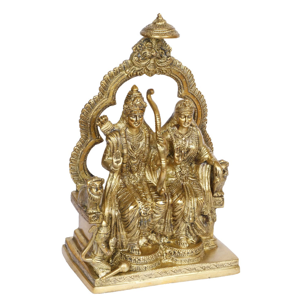 ARTVARKO Brass Siyaram Sita Ram Sitting on Lion Chatra Singhasan with Hanuman ji Idol Murti for Mandir Puja Temple Height 11 Inch.