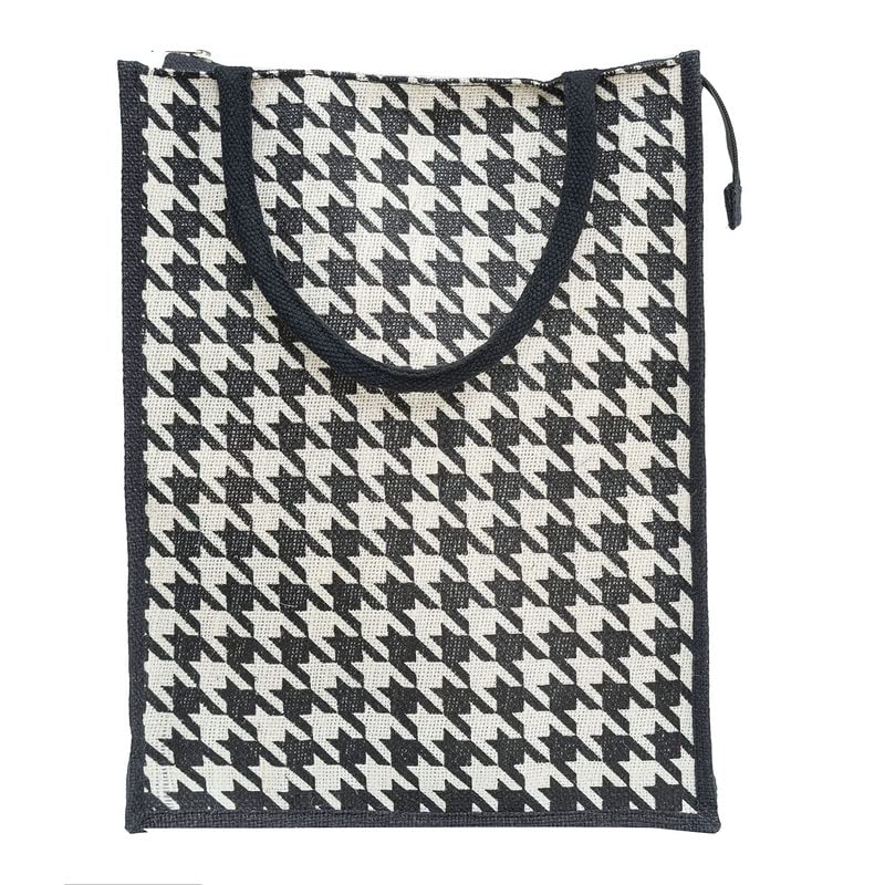 JUTEKA White Houndstooth Printed Jute Lunch Bag, Grocery Tote, Hand Bag, Picnic Bag for Men, Women, Girls, Kids with Zip