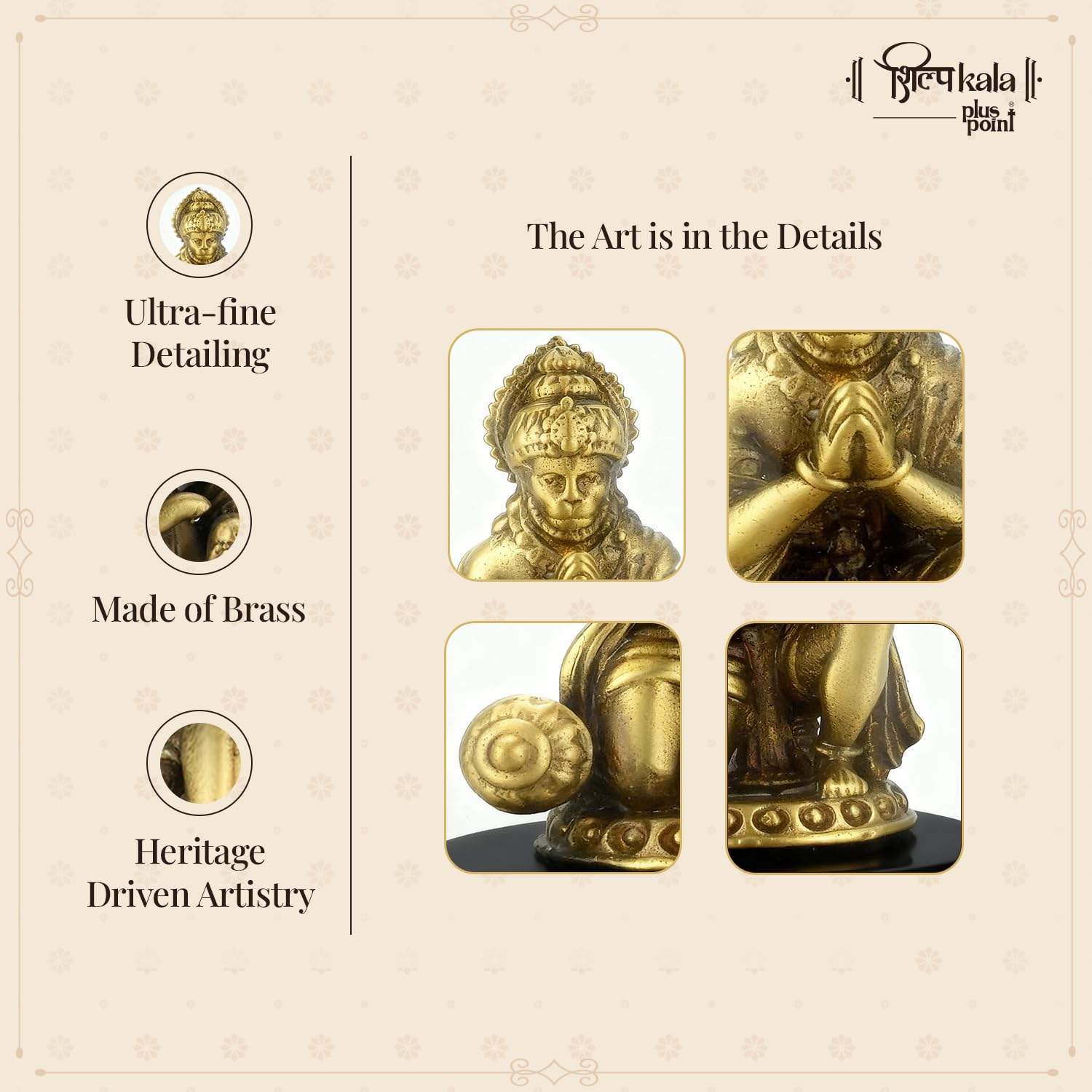 Shilpkala 2.5 Inch Brass Ultra Fine Hanuman Ji Brass Bajrangbali Idol for Car Dashboard & Travel Blessings