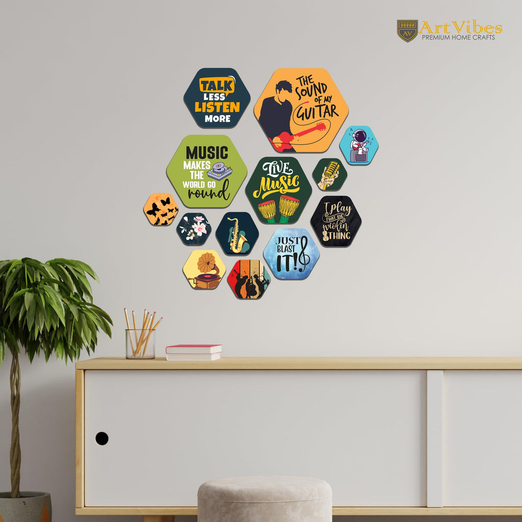 Artvibes Music Quotes Hexagon Shape MDF Wooden Wall Decor Items for Living Room | Cafe | Quotes Decor Item | Wall Accent | Modern Artwork | Aesthetic Wall Hanging | Gift Items (WPS_229N), Set of 13