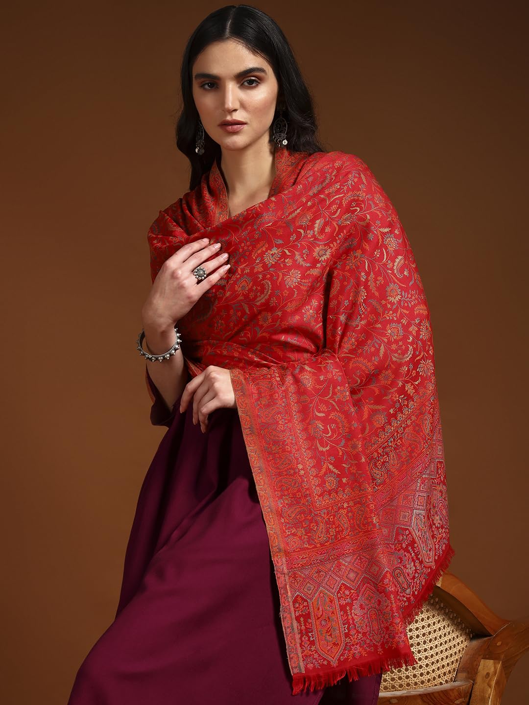 Pashmoda Women Aabroo Kashmiri Jamawar Woven Shawl, Kaani Jacquard Shawls, Stoles, Wraps, Luxury Pashmina Evening Wrap (Size: 40X80 Inches, Red Color) SECS58