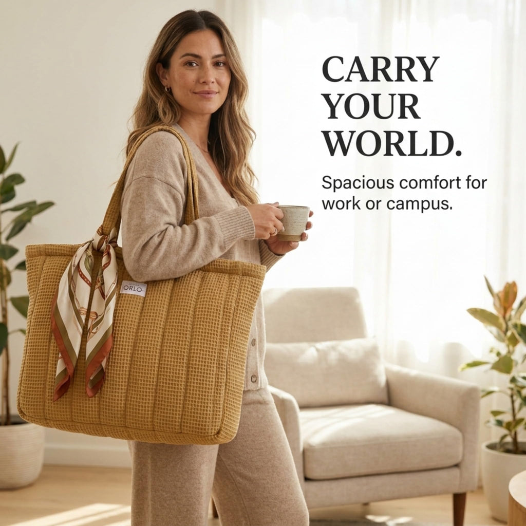 HOUSE OF ORLO Women's Cotton Quilted Aesthetic Tote Bags,Waffle Weave Handmade with Zipper & Double Handles for Women & Girls,Daily Use Handbag for College/Travel/Work (Beige)