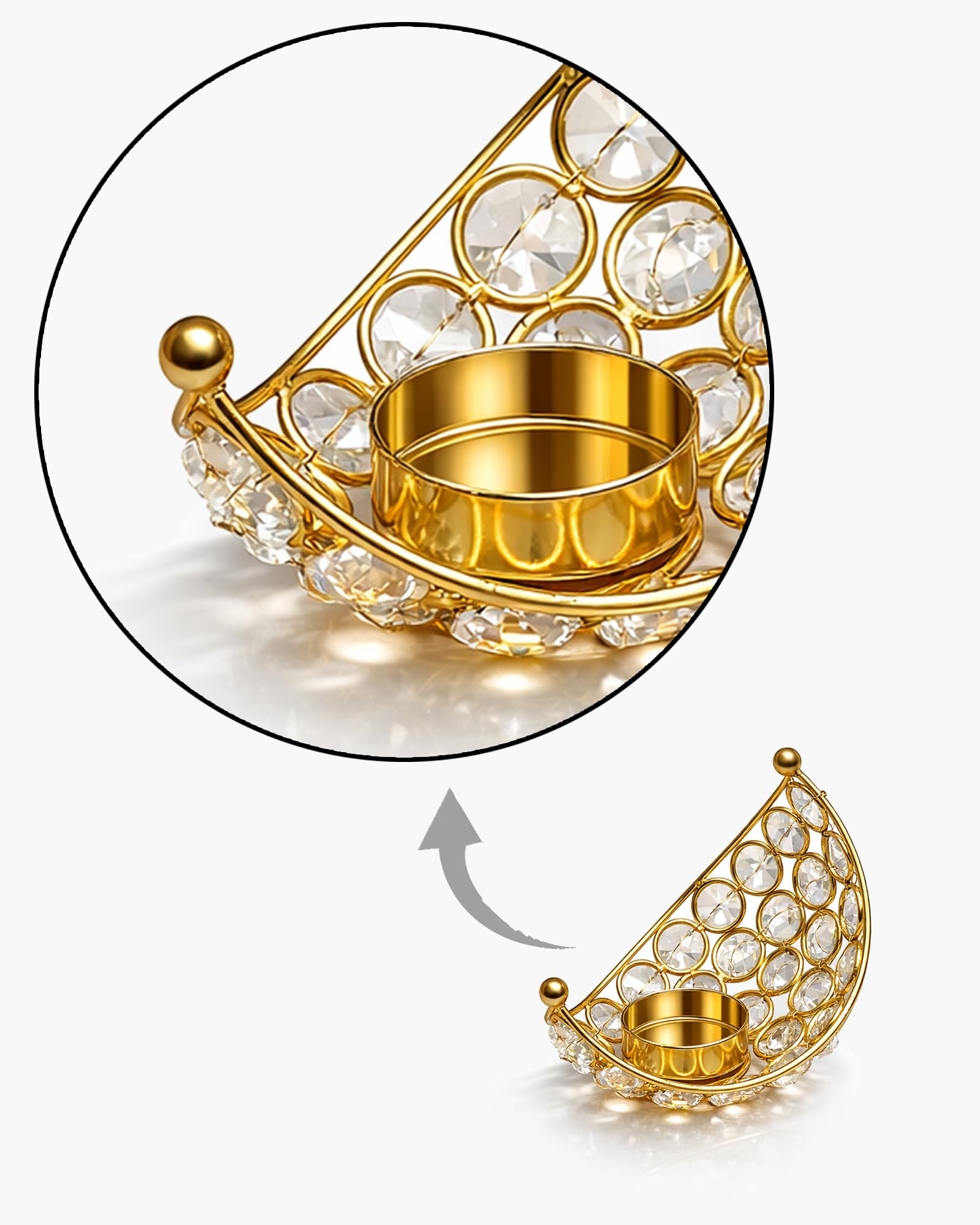 Homesake® Crystal Handcrafted Moon Shaped Tea Light Candle Holder for Home Décor Table Top Living Room for Diwali, Festive Decorative, Diwali Decorations for Home, Gifts Items, (Golden, Set of 2)