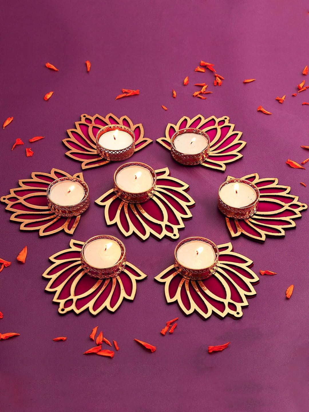 TIED RIBBONS Decorative Lotus Tealight Candle Holder Stand Set of 7 - Decoration Items for Home Decor Diyas Indoor Outdoor Office Gifting, Gold