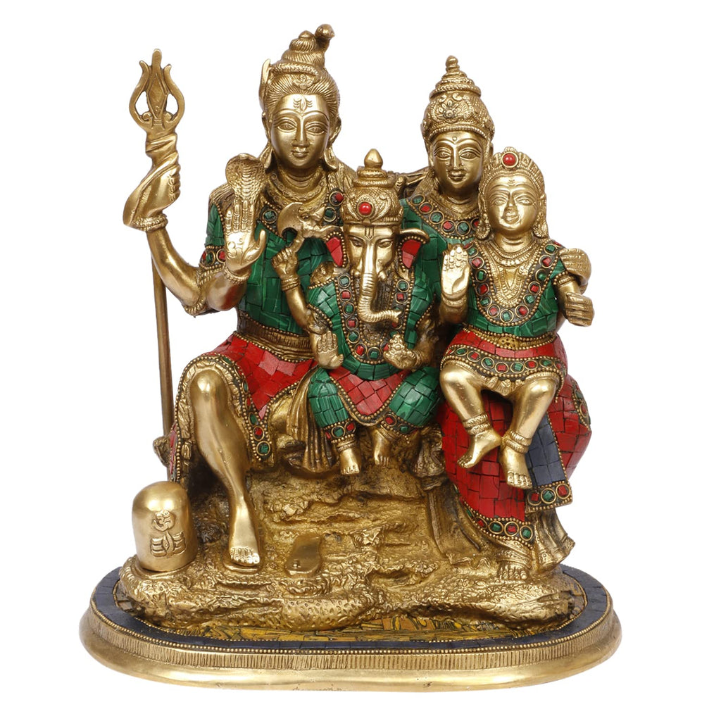 Artvarko Lord Shiva Parvati, Ganesha and Kartikeya Murti Brass Inlay Stone Work Shiv Parivar Family Sitting Idol for Shivratri/Mahashivratri Diwali Temple Puja Gifts 12 Inches