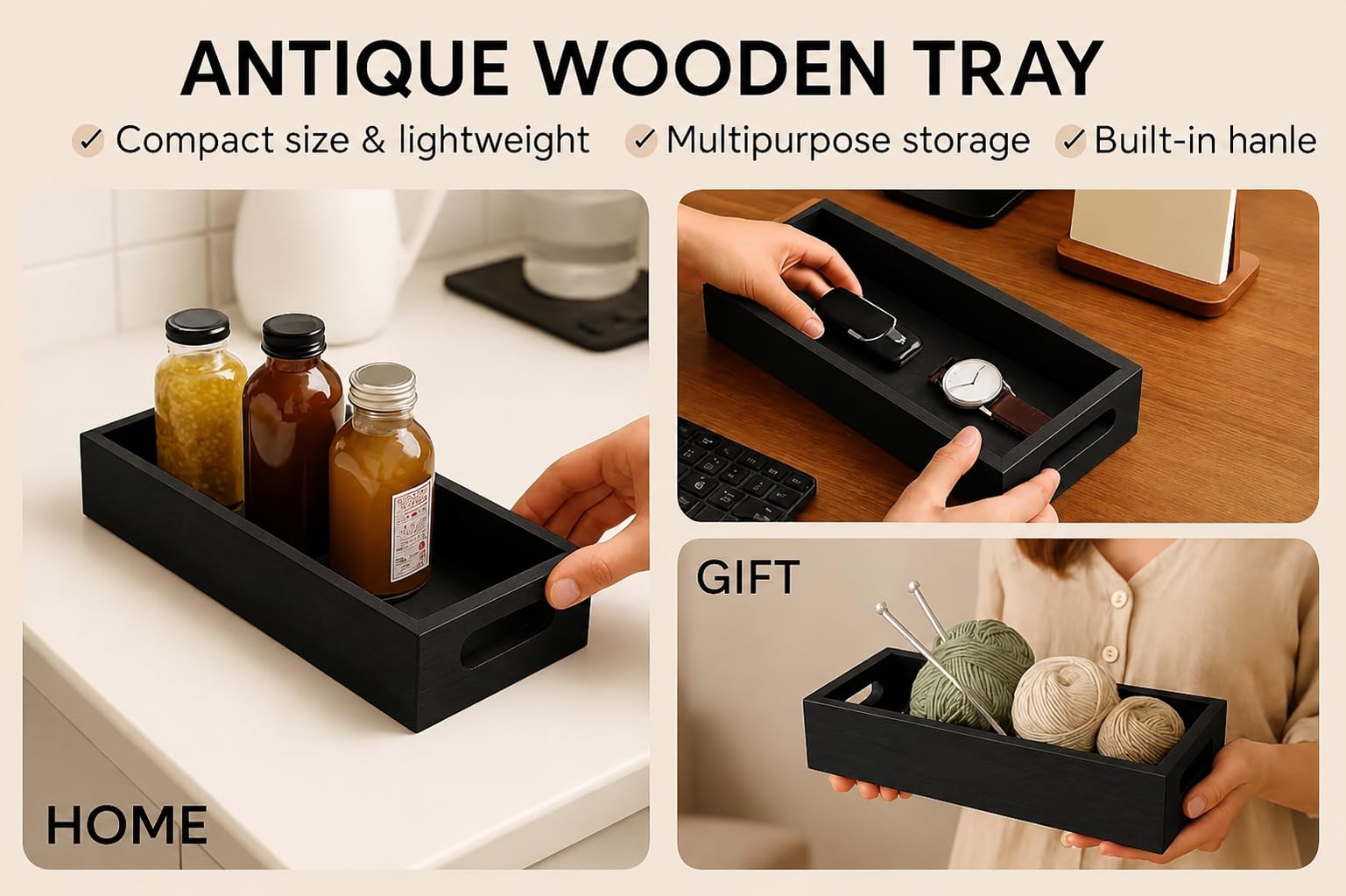 Wooden Multipurpose Storage Tray Set of 2 | Black Rectangular Matte Finish Organizer Tray | Wooden Serving Tray for Tea, Coffee, Breakfast, Kitchen, Home Décor & Restaurant Use | 32 x 22.5 x 4 cm
