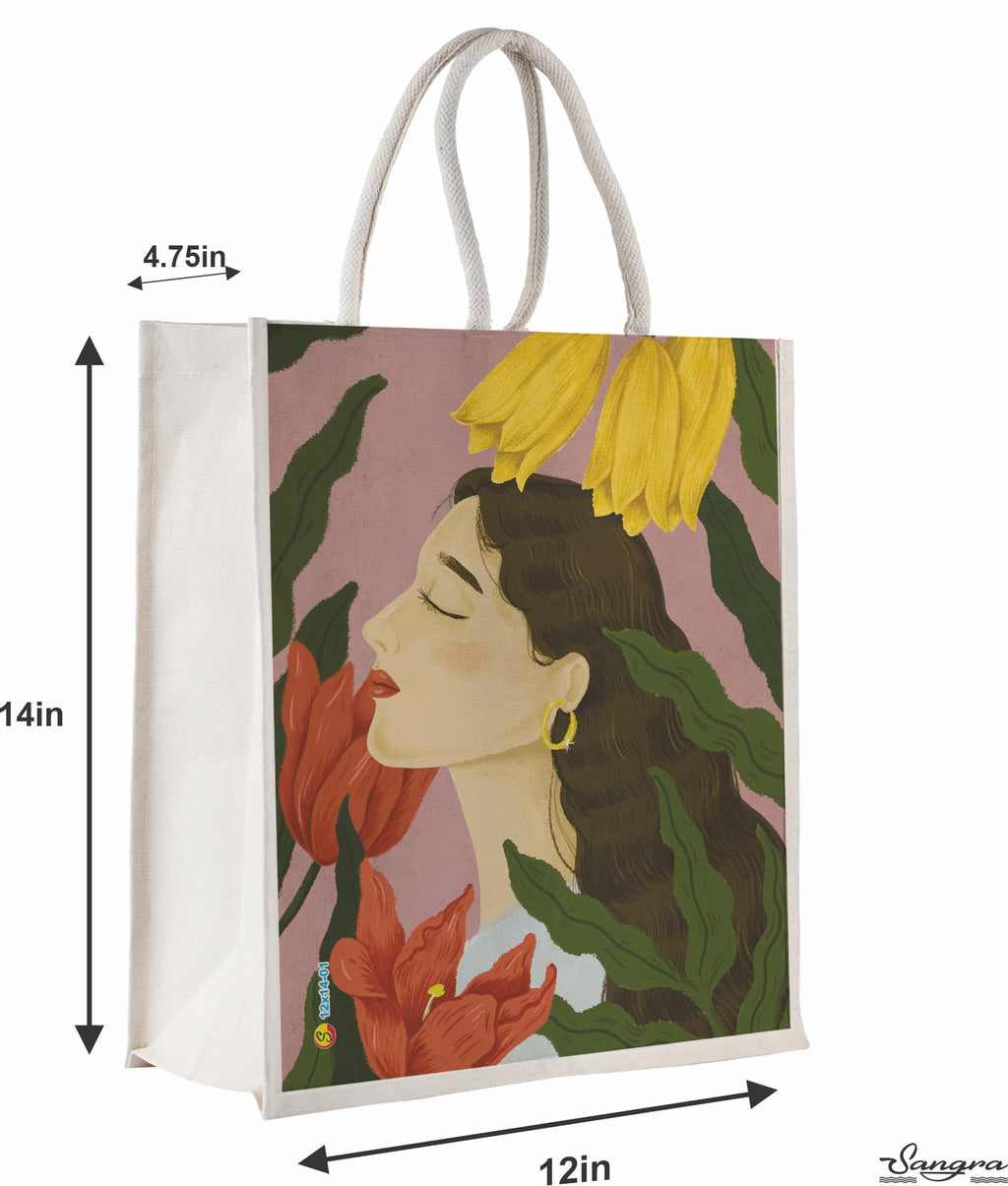 Sangra Canvas Reusable Bags for School, College, Lunch Bag for Office for Men and Women, Grocery Shopping Bag, Multi-Purpose Bag, Sturdy Handle With Zipper Lock (Pack of Two) (Lady)