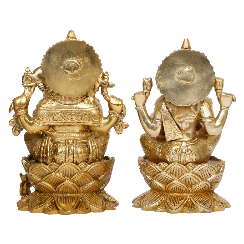 ARTVARKO Ganesha Laxmi Brass Mangalkari Jewellery Ganesh Lakshmi Bhagwan Idol Sitting on Lotus Ganpati Murti Statue 9 Inches