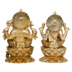 ARTVARKO Ganesha Laxmi Brass Mangalkari Jewellery Ganesh Lakshmi Bhagwan Idol Sitting on Lotus Ganpati Murti Statue 9 Inches