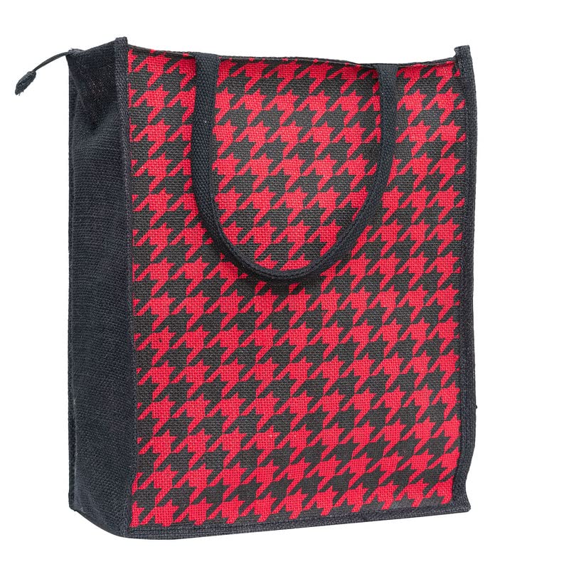 JUTEKA Red Houndstooth Printed Jute Bag for Lunch, Grocery, Tote, Hand, Picnic - for Men, Women, Girls, Kids with Zip